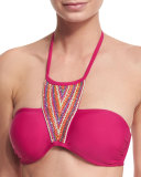 Stella Embroidered-Front Halter Swim Top, Dahlia