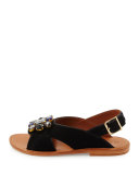 Jeweled Calf-Hair Flat Slingback Sandal, Black