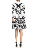 3/4-Sleeve Floral-Print Fit-&-Flare Dress, Off White/Black