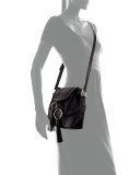Polly Suede Flap Bucket Bag, Black