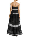 Strapless Lace-Trim High-Low Tulle Gown, Black/White