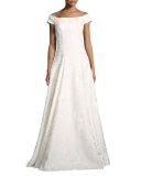 Cap-Sleeve Floral Brocade Gown, Ivory
