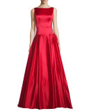 Sleeveless Pleated Satin Ball Gown, Red