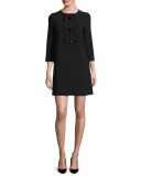 3/4-sleeve sponge crepe ruffle-trim shift dress, black