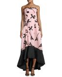 Strapless Floral Faille High-Low Gown, Light Pink
