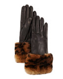 Animal-Print Fur-Trimmed Leather Gloves, Black