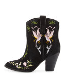 Jenny Embroidered Western Bootie, Black/Birds