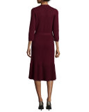3/4-sleeve ribbed wool wrap dress, midnight wine
