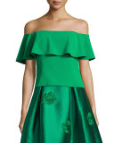 Off-the-Shoulder Crepe Popover Top, Emerald