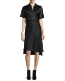 Short-Sleeve Satin Shirtdress, Black