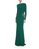 Long-Sleeve Draped-Back Beaded Gown, Emerald