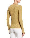 Long-Sleeve Jewel-Neck Metallic Top, Gold