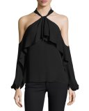Adrienne Ruffled Cold-Shoulder Silk Blouse, Black