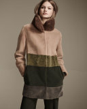 Colorblock Shearling Coat, Caramel