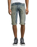 Distressed Slim-Fit Denim Shorts, Blue