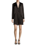 Long-Sleeve Shawl-Collar Satin Shirt Dress, Black