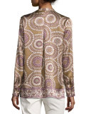 Dunham Long-Sleeve Medallion-Print Silk Blouse, Chai Multi