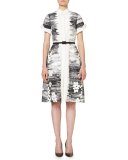 Short-Sleeve Floral Belted Shirtdress, Black/White