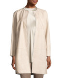 Nancy Long Open-Front Lambskin Leather Jacket, Taupe