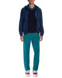 Packable Hooded Leather Jacket, Metallic Blue