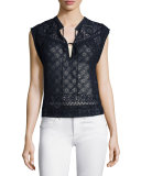 Sleeveless Embroidered Silk Top, Navy