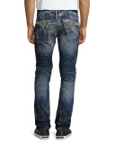 Distressed & Bleached Cargo Moto Jeans, Blue