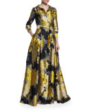 3/4-Sleeve Sunflower Trench Gown, Yellow/Black