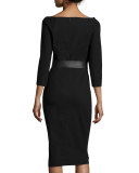 3/4-Sleeve Belted Dress, Black