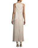 Lucia High-Slit Metallic Plissé Maxi Tank Dress, Gold