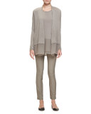 Chiffon-Trim Long Cardigan, Mushroom