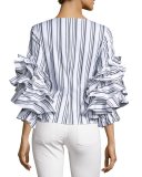 Athena Striped Ruffle-Sleeve Wrap Blouse