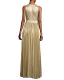 Sleeveless Pleated Metallic Gown, Light Gold