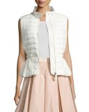 Valensole Lace-Trim Peplum Puffer Vest, White