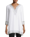 3/4-Sleeve Split-Neck Embellished Silk Tunic, White