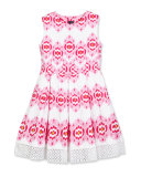 Cotton Ikat Eyelet-Trim Party Dress, Pink, Size 2-14