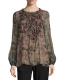 Ashton Bishop-Sleeve Floral-Print Silk Blouse, Golden Mist