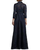 Long-Sleeve Belted Fil Coupe Gown, Navy