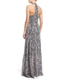 Halter-Neck Racerback Printed Gown, Black/White