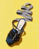 Denim/Ribbon Ankle-Wrap Slide Flat, Bleu