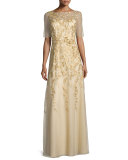 Short-Sleeve Floral-Embroidered Chiffon Gown, Gold