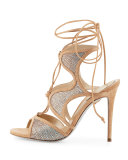 Crystal-Embellished Suede Ankle-Wrap Sandal, Beige/Topaz