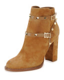 Rockstud Suede Chunky-Heel Boot, Tan