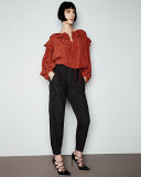 Plisse-Collar Self-Tie Blouse, Burnt Sienna