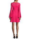 Long-Sleeve Mesh Fit-and-Flare Dress, Pink