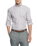 Bicolor Check Twill Long-Sleeve Sport Shirt, Red