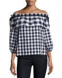 Jenay Gingham Off-the-Shoulder Blouse, Black/White