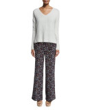 Ribbed-Trim Cashmere V-Neck Sweater, Foggy