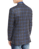 Windowpane Check Three-Button Sport Coat, Gray/Blue