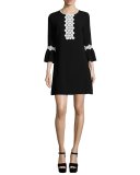 3/4-Sleeve Floral-Trim Crepe Dress, Black