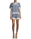 Open-Back Micro-Stripe Top w/Braid & Fringe Trim, Blue